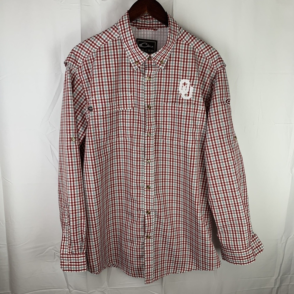 Drake Oklahoma Fishing Shirt Men's M Red Check Button Vented Long Sleeve